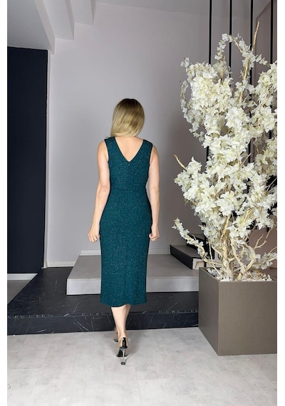 Ges Moda G0909 Drape Detaylı Simli Abiye Elbise Zümrüt-zümrüt