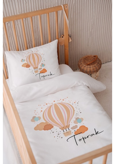 %100 Pamuk Saten Isme Özel Isimli 100x150 Bebek Yatak Nevresim Seti Turuncu Balon Ve Bulutlar