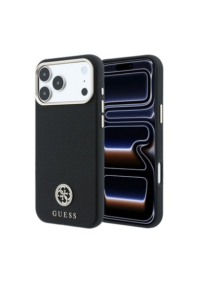 Apple iPhone Uyumlu 18 Pro Max Kılıf Guess Lisanslı M-safe Özellikli Pu Taşlı Metal 4g Ve Yazı Logolu Kapak Siyah