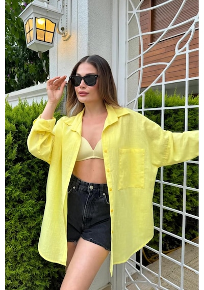 Rouge Basıc Oversize Keten Dokulu %100 Pamuk Salaş Gömlek Sarı