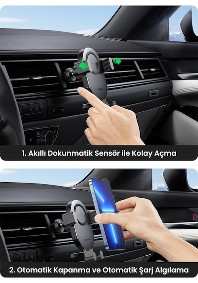 Ugreen Magsafe 15w Kablosuz Araç İçi Hızlı Şarj Cihazı, Otomatik Sensörlü Tutucu, Siyah, 40118