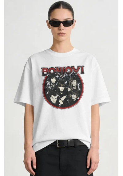 Bonjovi Rock Metal Müzik Grubu Baskılı Unisex Oversize Premium Ti Beyaz