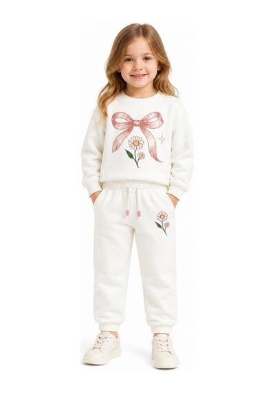 Rony Pony Kids Kız Çocuk Ekru Fiyonk Ve Papatya Baskılı 2 İplik Sweatshirt Eşofman Takımı Beyaz