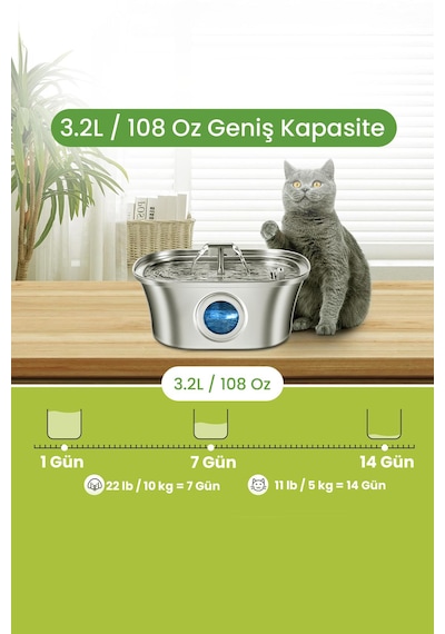 3.2 L Çiftli Paslanmaz Çelik Kedi Köpek İçin Otomatik Su Pınarı Su Çeşmesi Su Sebili Sessiz Pompalı