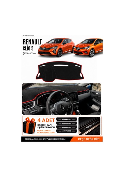 Renault Clıo 5 2019-2026 Uyumlu Torpido Örtüsü, Torpido Kılıfı - Siyah Kırmızı