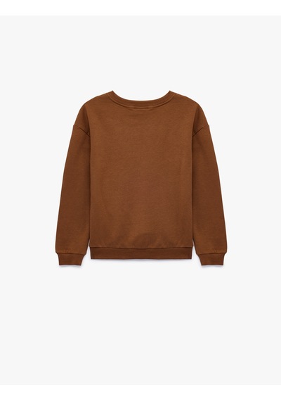 Koton Baskılı Şardonlu Pamuklu Bisiklet Yaka Uzun Kollu Sweatshirt Kahverengi 7wmb10125tk Kahve