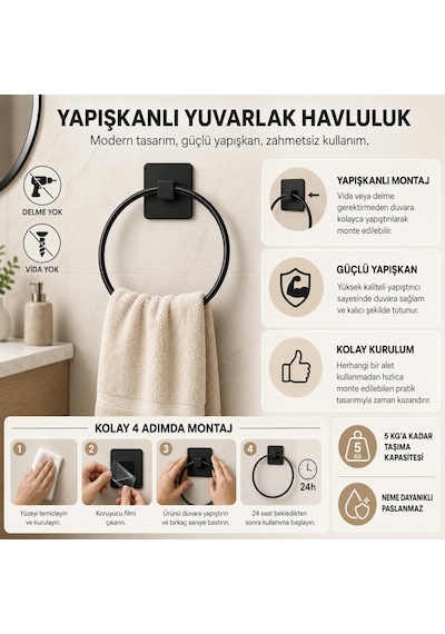 Yapışkanlı Metal Havluluk, Havlu Tutucu Askı, Paslanmaz Yuvarlak Diğer