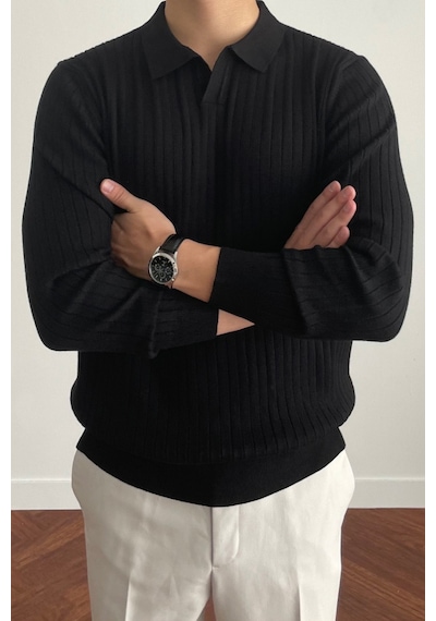 Erkek Siyah Slim Fit Uzun Kollu Polo Yaka Triko Kazak Siyah