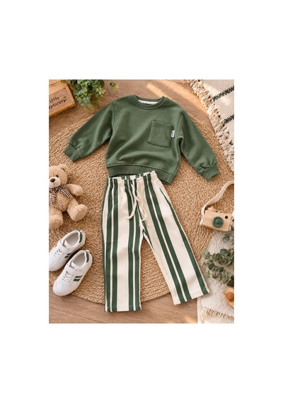 Uğur Bebe Erkek Çocuk Haki Sweatshirt Çizgili Pantolon 2'li Takım Günlük Spor Şık Kombin Haki Haki Uğur Bebe Erkek Çocuk Haki Sweatshirt Çizgili Pantolon 2'li Takım Günlük Spor Şık Kombin Haki Haki