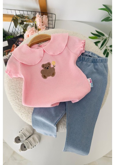 Miniğimin Cicileri Ayıcık İşleme Detaylı Kız Bebek 2 Li Takım... Pembe