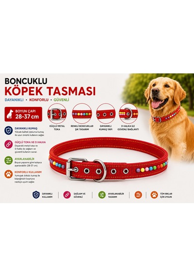Boncuklu Köpek Boyun Tasması 28-37 Cm Ayarlanabilir Metal Tokalı D Halkalı - Kırmızı Çok Renkli