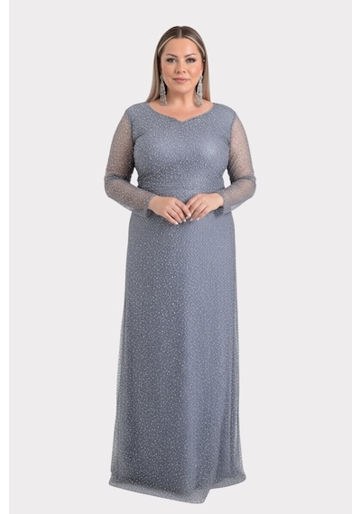 Lilas Xxl Kadın Büyük Beden Kalp Yaka Uzun Kollu Abiye Elbise 9471 Gri Gri