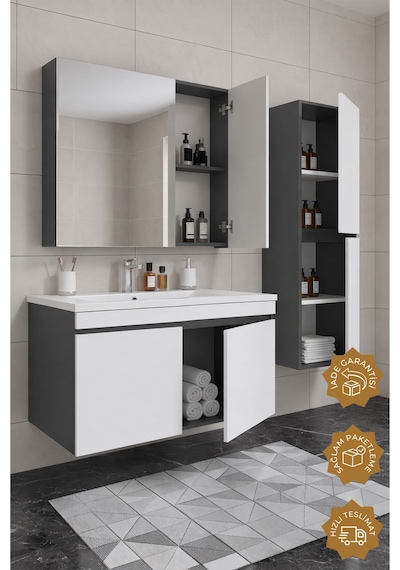 Teta Home Tokyo 100 Cm Mdf Banyo Dolabı Seti + Boy Dolabı Antrasit - Beyaz