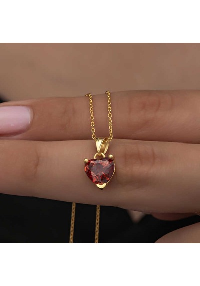 925 Ayar Gümüş Gold Kırmızı Taşlı Kalpli Kadın Kolye