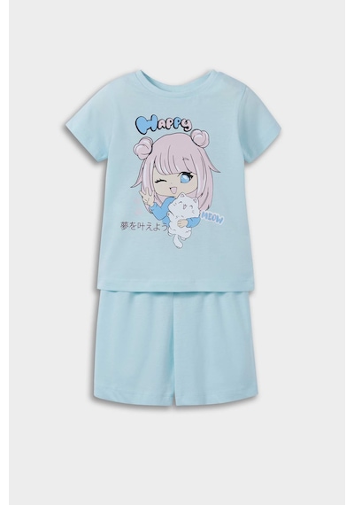 DeFacto Kız Bebek Pijama Takımı Anime Baskılı Kısa Kollu Penye Üst Beli Lastikli Şort E1554A525HSBE495