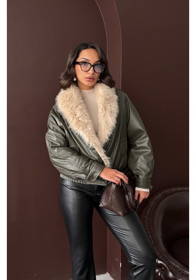 Verymoda Yakası Kürklü Kruvaze Deri Mont F2050 Haki