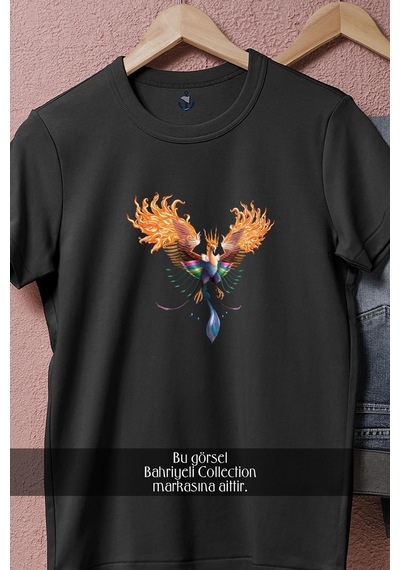 Oversize Colourful Phoenix With Open Wings Tasarımlı Unisex T-shirt Siyah