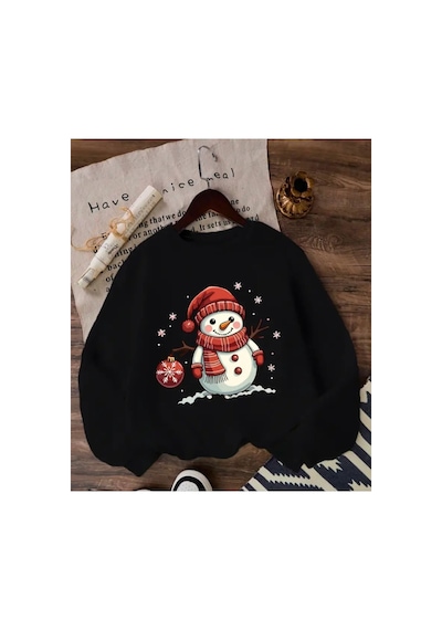 Herkesemoda Sevimli Kardan Adam Baskı Detaylı Bisiklet Yaka Sweatshırt Siyah
