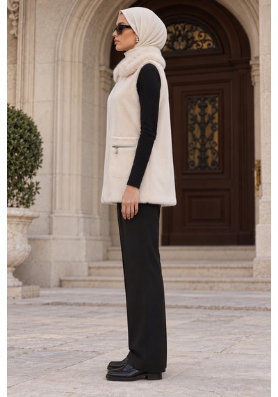 Sevitli Angora Cepli Yelek-bej-6013