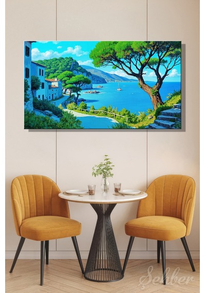 Panoramik Yatay Kanvas Tablo Tekli Salon Mutfak Yatak Odası Ofis Akdeniz Kıyısı Taş Evler 1443