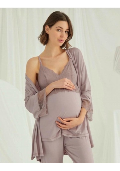 Birolgaye 1767 Pudra Modal Penye Hamile Lohusa 3 Lü Pijama Sabahlık Tk