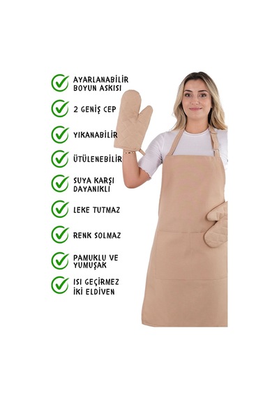 Simple 3lü Set Ayar Askılı Cepli Mutfak Önlüğü Seti 2 Eldiven Şef Garson Kafe Aşçı Barista Cappucino