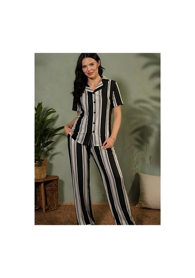 Kadın Kısa Kollu Desenli Pijama Takım Siyah