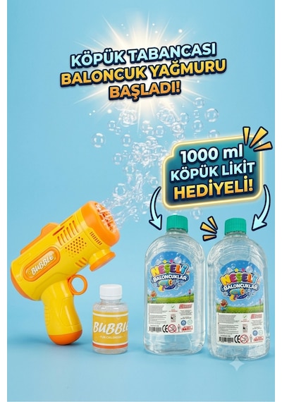 Pilli Otomatik Baloncuk Köpük Tabancası Bubble Gun 1000 Ml Köpük Likiti Hediyeli