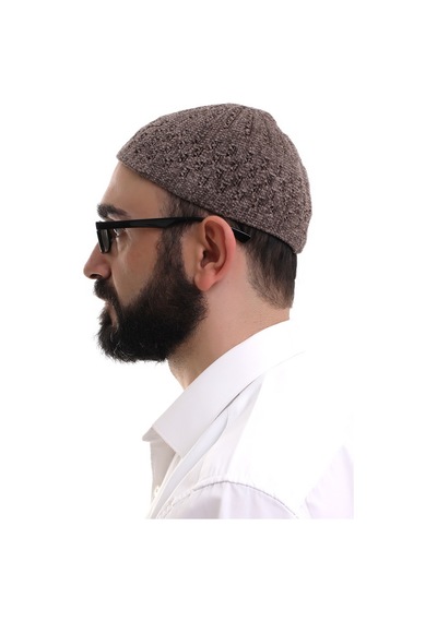 Sütlü Kahve Hasır Desen Kışlık Kadife Namaz Takkesi Kahverengi