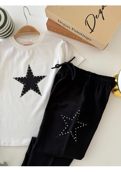 Magu Kız Çocuk Pamuklu Beyaz Yıldız Aplikeli T-shirt Pantolon Takım Çok Renkli