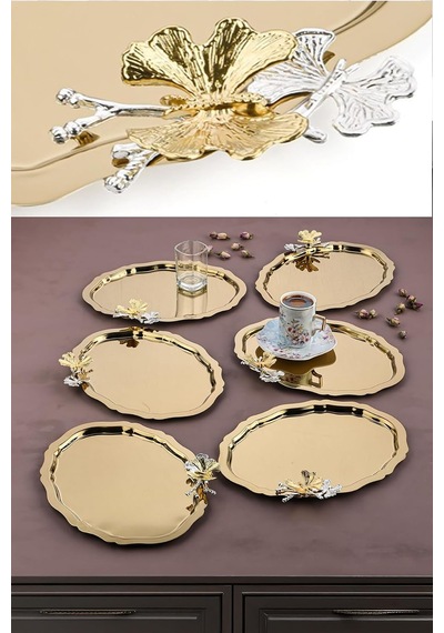 6 Adet Oval Kelebek Aksesuarlı Kahve-çay Servis Ve Sunum Tepsisi 25x20 Cm Gold Çok Renkli
