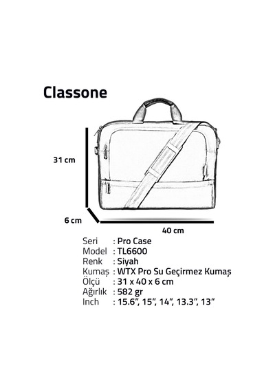 Classone Tl6600 El 15.6 İnç Uyumlu Notebook El Çantası Tl6600