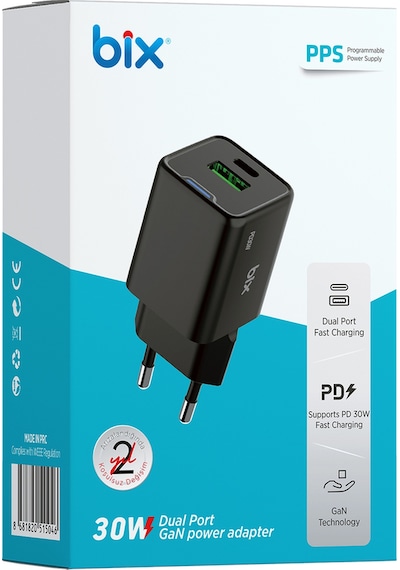 Bix BX2P30G GaN 30W Çift Portlu Şarj Cihazı Siyah