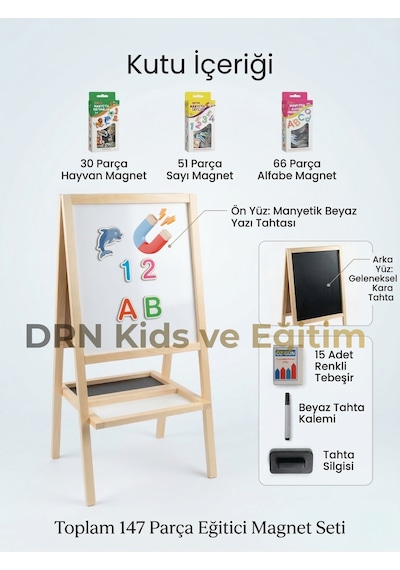 Drn Kidsve Eğitim,manyetik Çift Taraflı Yazı Tahtası 147 Parça Magnet,15 Renkli Tebeşir Silgi ,kalem Ahşap