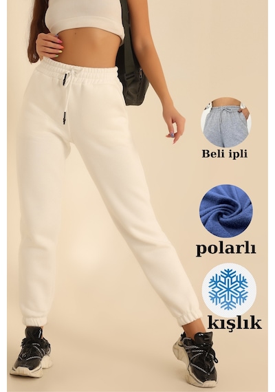 Kadın Yüksek Bel İçi Polarlı Üç İplik Beyaz Eşofman Altı Ekru