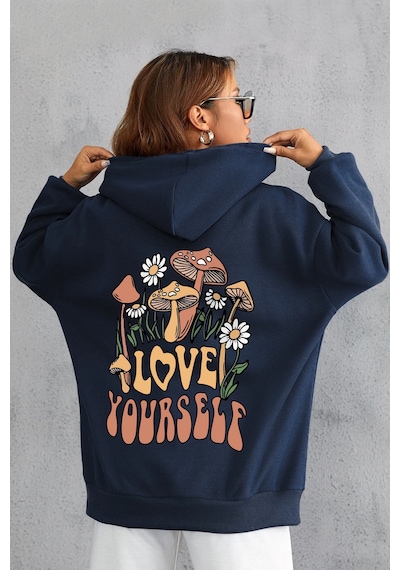 Just Baskılı Bisiklet Yaka Sweatshirt Lacivert