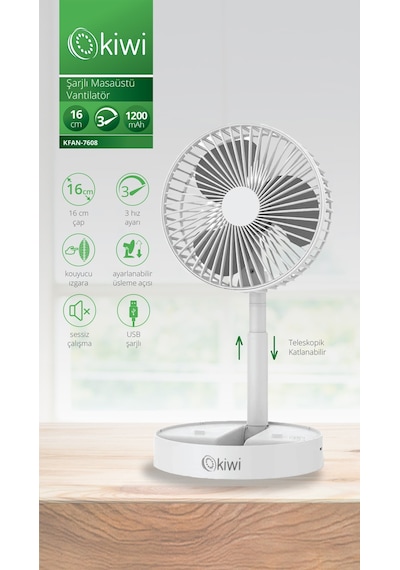 Kfan-7608 Şarjlı Beyaz Katlanılabilir Mini Fan Masa Üstü Vantilatörü Usb Soğutucu Sessiz El Fanı