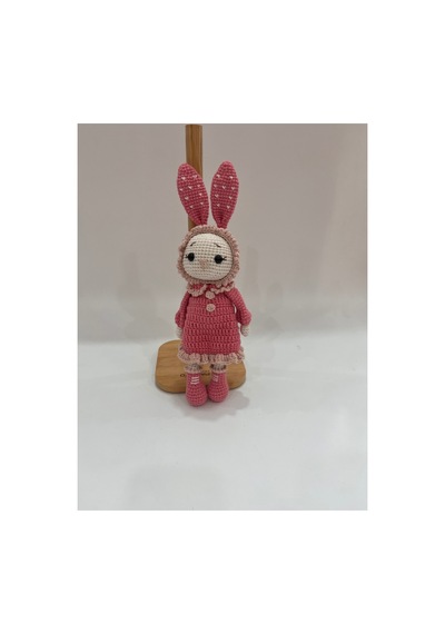 Amigurumi Örgü Tavşan Bebek Pembe Elbiseli Şapkalı Sevimli Tavşan Oyuncak 26cm Açık Pembe