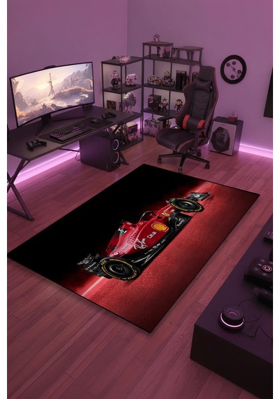 Formula 1 Kırmızı Yarış Arabası Halı Kaymaz Taban Yıkanabilir Salon Halısı F1.10