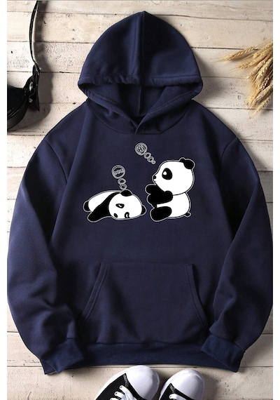 Unisex Panda Baskılı Oversize Sweatshirt Lacivert