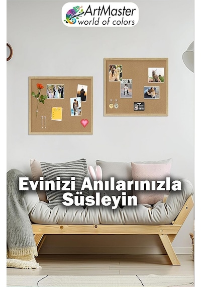 Mantar Pano Ahşap Çerçeve Duvara Monte 45x60 Cm 1 Adet Harita Çivisi Hediyeli Dekorasyon Mantar Çerçeve Evde Okulda Büro 45 x 60 CM