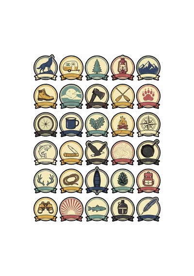 30 Adet Vintage Kamp Macera Sticker Seti - Termos Laptop Valiz İçin Retro Paket Çok Renkli