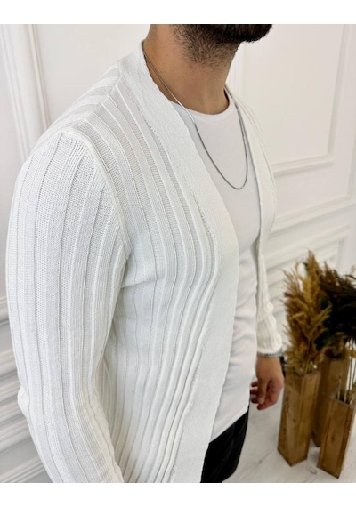 Elku Moda Hırka Örgülü Triko Desenli Şal Yaka Fit Örgü Hırka Beyaz