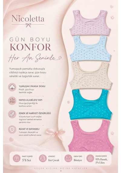 Nicoletta Kız Çocuk Büstiyer Geniş Askılı Baskılı Pamuklu Çok Renkli
