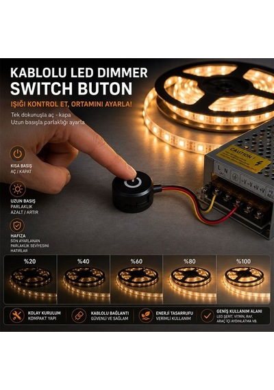 Pm-30854 24v Dc 13mm Gömme Dokunmatik Led Dimmer Kontrolcüsü Switch Buton Siyah Adaptor Sec-Kumanda-Metraj Seç Yok-Kumanda-Yok