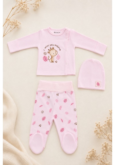 Beniizle Zürafa Baskılı 3'lü Bebek Hastane Çıkış Set Pembe