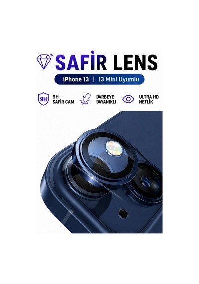 Apple iPhone Uyumlu  13 / 13 Mini Koyu Mavi Metal Kamera Lens Koruyucu Safir Cam Ultra Net Hd