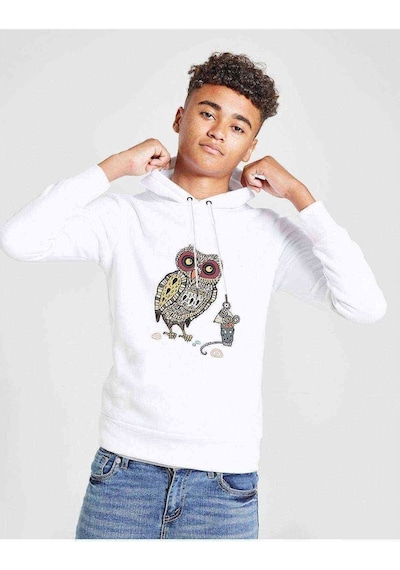 Tshirthane Baykuş Ve Fare Baskılı Unisex Çocuk Kapüşonlu Beyaz Sweatshirt (528978998)