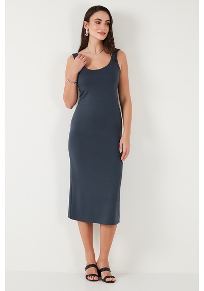 Lela Slim Fit Kalın Askılı Midi Bayan Elbise 5866154 Füme