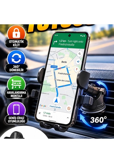 Otomatik Kilitli Araç Telefon Tutucu Havalandırma Montajlı 360 Döner Stand